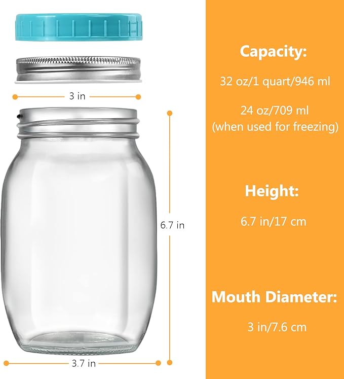 32 oz Wide Mouth Mason Jars with Metal Lids & Plastic Lids, Quart Size Clear Glass Jars for Preserving, Meal Prep, Salad, Canning, Fermenting, Favors, Home Decor, DIY - 6 Pack1 +1