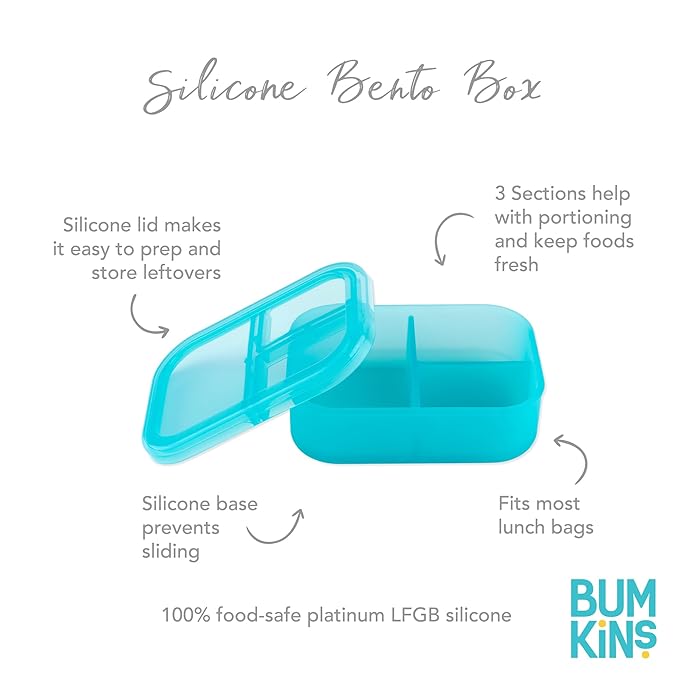Bumkins Snack/Lunch Bento Box for Kids and Adults, 3 Compartment Container, Leak Proof Lid, for Portioning, Large Section Can Hold Sandwich, Food-Safe LFGB Platinum Silicone, Microwave-Safe, Blue