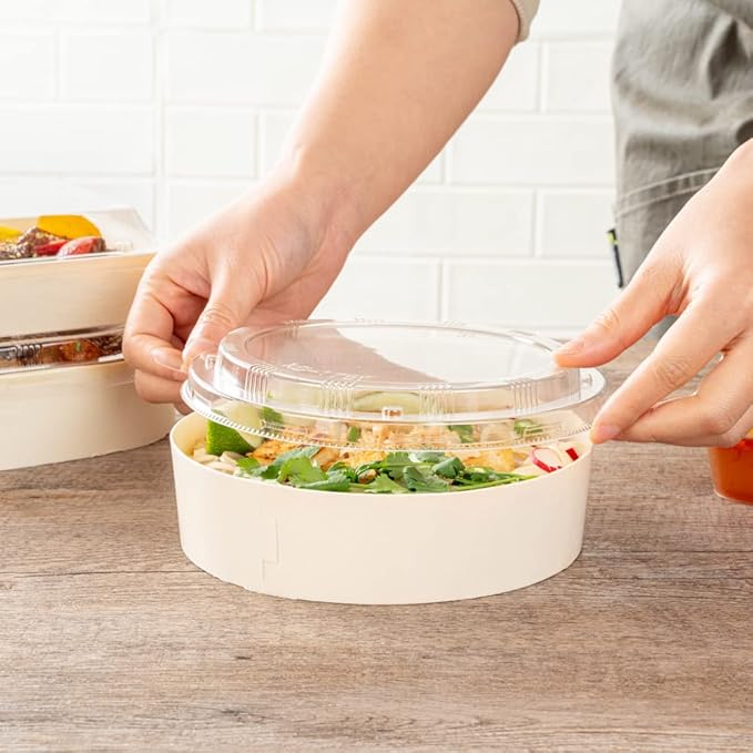 Restaurantware LIDS ONLY: Taipei 6 Inch Round Large Lids, 100 Plastic Lids For 33 oz Round Wooden Containers - Containers Sold Separately, Clear Plastic To Go Box Lids