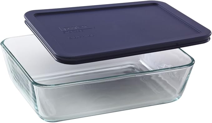 Pyrex 6-cup 7211 Rectangle Glass Food Storage Containers with Blue Plastic Lids - 4 Pack Made in the USA
