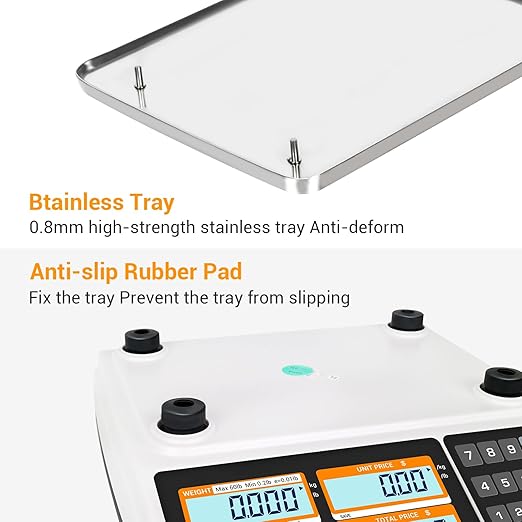 Price Computing Scale NTEP Certified for Legal Trade Rechargeable, Commercial Grade with Dual LCD Display, 60lb Stainless Steel Platform for Meat Shop, Deli, Produce Farmers Market COC#21-001