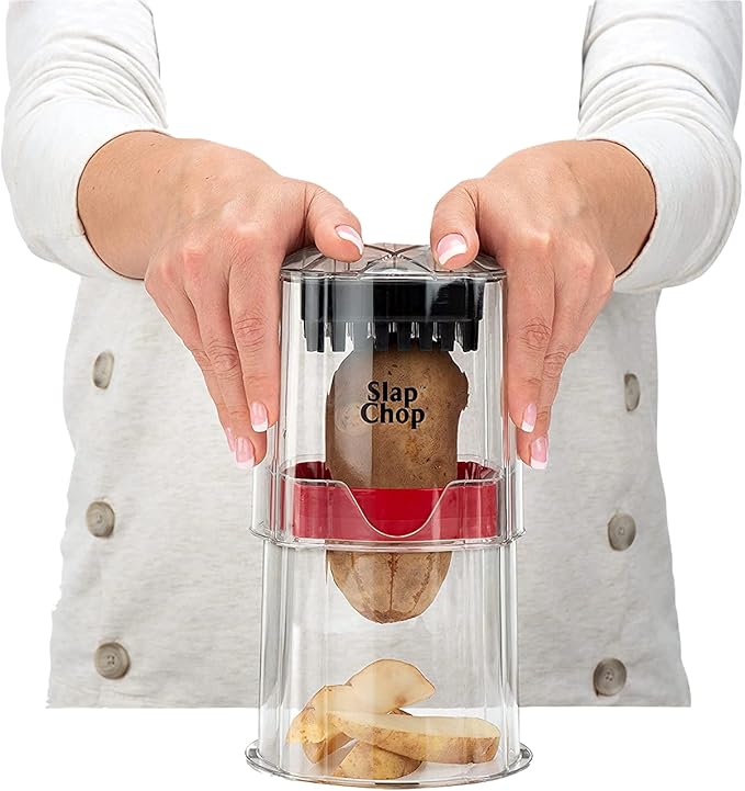 Slap Chop French Fry Potato Cutter Onion Chopper Apple Dicer - Easily Cut in Seconds - Stainless Steel Blades - No Mess Container - Slice French Fries, Fruit, and More - Dishwasher Safe