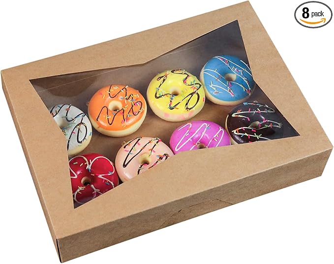 8-PACK Brown Pastry Bakery Box 16x11x2.75inch,Large Donuts,Muffins,Cookies Boxes with Window Auto-Pop up Paper Box Nature Cardboard Take Out Container,Hold 12 Donuts,Pack of 8