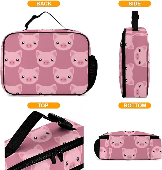 Pink Pig Reusable Lunch Box Insulated Lunch Bag Cooler Bag Lunchbox Meal Food Container Tote Bag for Women Kids Girls School Camping Hiking Picnic Beach Travel