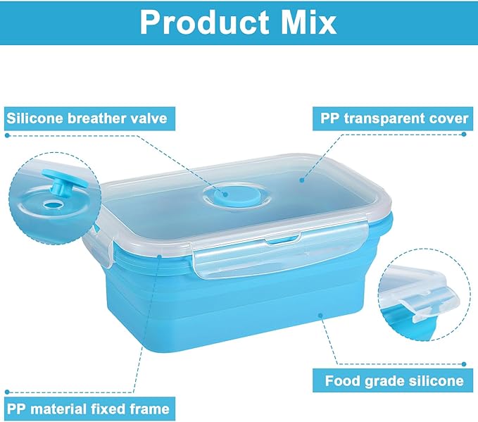 Mifoci Set of 8 Silicone Collapsible Food Storage Containers 17 oz Collapsible Meal Prep Container Square Bowl with Vent Lids, Microwave, Freezer and Dishwasher Safe (Blue)