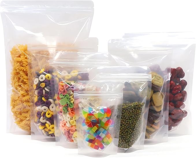SumDirect 100pcs 9.4x6.3 Inches/24x16cm Clear Stand Up Food Bags, Zipper Stand-up Reusable Sealing Food Pouches Snack Packing Bag with Tear Notch Heat Resealable for Storing, Cookie, Tea and Drink