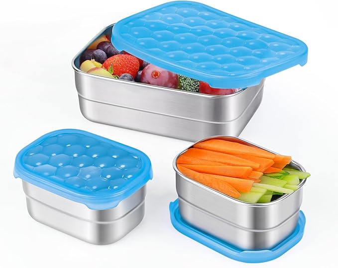 Small Stainless Steel Lunch Containers for Kids | Leak Proof Snack Containers with 100% Pure Silicone Lids - Perfect Metal Lunch Box with Lids for School and Daycare (25oz+8oz*2)