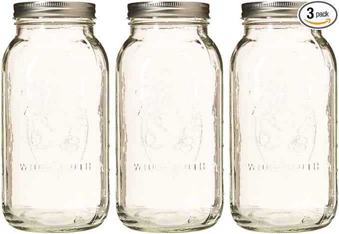 Ball Wide Mouth Glass Mason Jars with Lids and Bands, Used for Canning, Pickling, Juice, Jam, Jelly, Half Gallon Size 64 Ounce (Pack of 3)