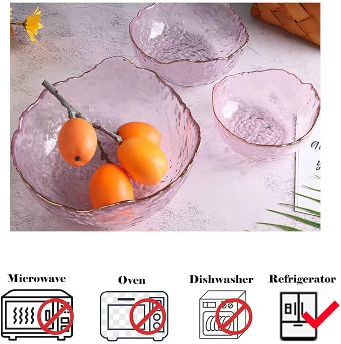 3-Pack Glass Bowls for Kitchen Prep, Nesting Space Saving Set of Bowls, Pink Crystal Bowl Set, Irregular Shape Glass Bowl For Salad,Ice Cream, Cereal,Dessert, Freezer Safe (Light Pink)