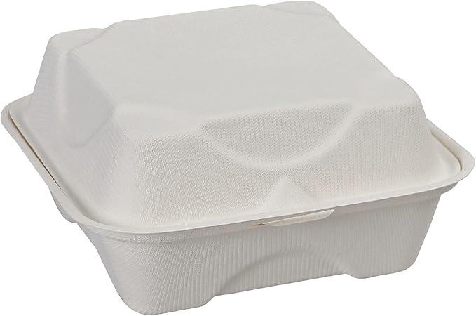 Eco-Products Compostable Vanguard 6" Clamshell Sandwich Containers, Case of 500, To Go Food Burger Box, White Renewable Molded Fiber, Grease Resistant, No-Added PFAS, ASTM Compliant, BPI-Certified