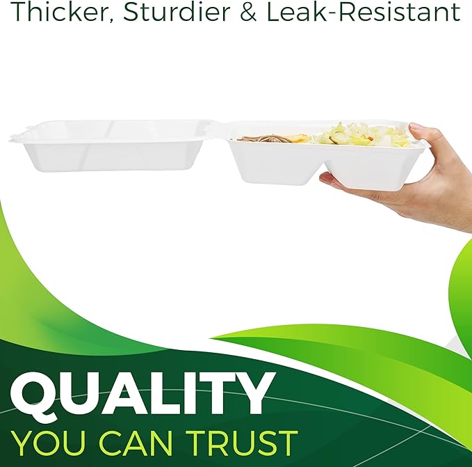 75 Pack Clamshell To Go Containers (3 Compartment - 8”x8”), Heavy Duty Disposable Take Out Containers with Lids, 100% Composatble Made of Plant Fiber, White