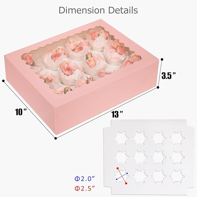 qiqee Pink 12 Cupcake Boxes with Window 21-Packs Cupcake Box 13"x10"x3.5" Cupcakes Carrier, 12 Cupcake Containers
