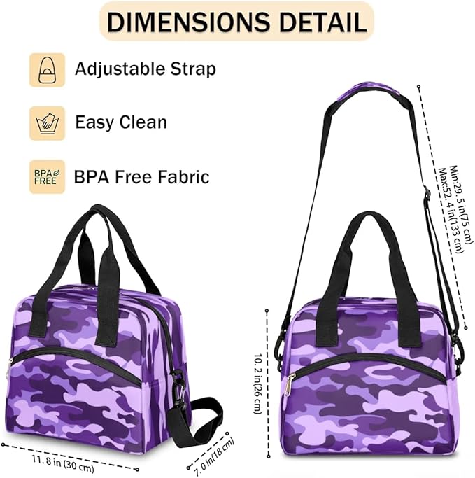 Purple Camouflage Insulated Lunch Bag for Women Men Reusable Lunch Box Cooler Bag Large Leakproof Lunch Tote with Adjustable Shoulder Strap for Adult Work Picnic Camping Beach Office