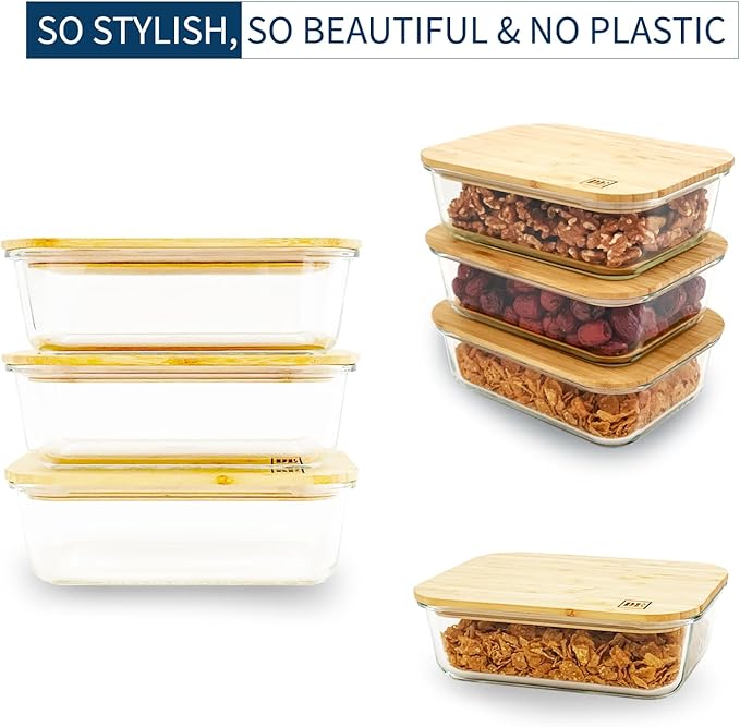 DE Glass Food Storage Containers with Bamboo Lids (3 Pack, 51 Ounce) Eco Friendly Meal Prep Glass Containers Reusable BPA Free Bento Lunch Box Airtight Plastic Free Glass Container with Lid