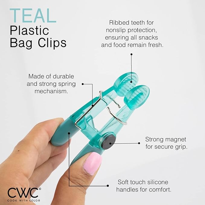 COOK WITH COLOR 10 Pack Slim Multi Color Food Clips with Magnet - Bag Clip with Non-Slip Ribbed End and Strong Spring Mechanism