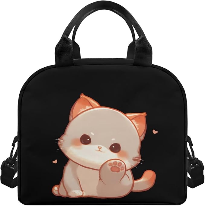 Showudesigns Cute Cat Lunch Bags for Girls 6-8 8-10 10-12 Black Lunch Box Kids Boys Insulated Lunch Bags Thermal Meal Tote Kit with Zipper Back To School Crossbody Tote Bag