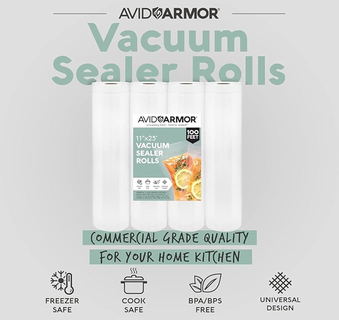 Avid Armor Vacuum Sealer Bags - 4 Pack, 11x25 Rolls | BPA-Free Vacuum Seal Bags for Food Storage, Meal Prep, Sous Vide | Heavy Duty Vacuum Sealer Bags, Fits Foodsaver & Seal a Meal