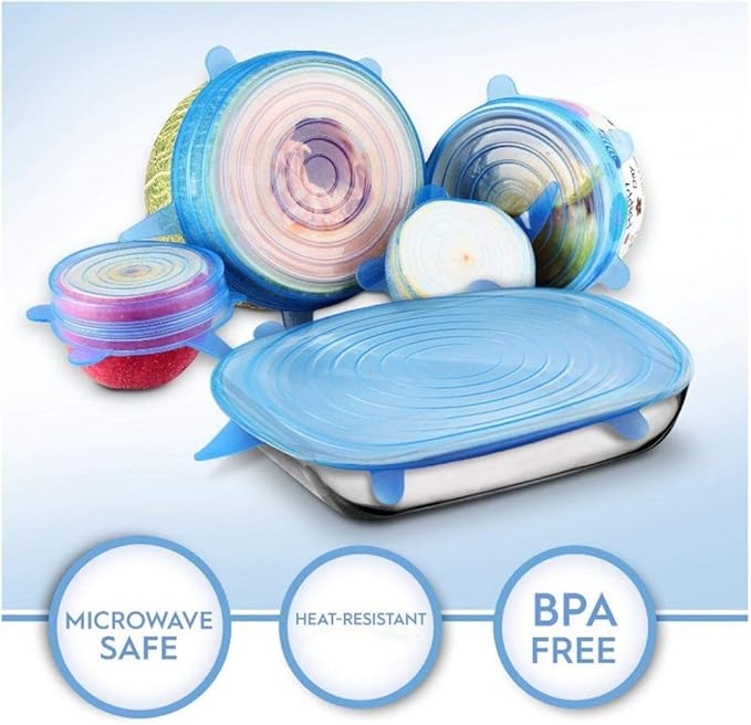 Flexible Silicone Stretch Lids Round Reusable Food Covers For Bowl Cup Dish Silicone Food Wrap Food Grade 6pcs (Blue)