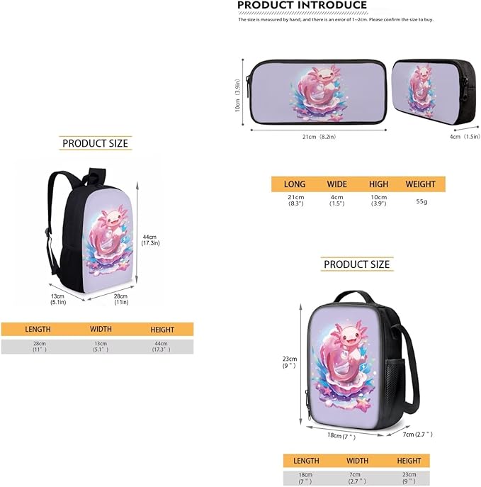 Dolyues Cute Axolotl Cute Girls' Backpack Set with Lunch Box and Pencil Case - Ideal for Teens, Kids, and College Students - Perfect for Elementary, Middle, and High School