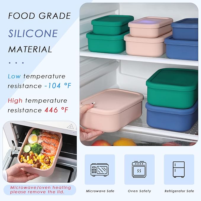 Silicone Food Storage Containers, Set of 3 Rectangular Bento Lunch Box Containers with Lids, Hard-Shell Silicone, Airtight, Microwave, Dishwasher and Freezer Safe (10oz, 23.6oz, 44oz)