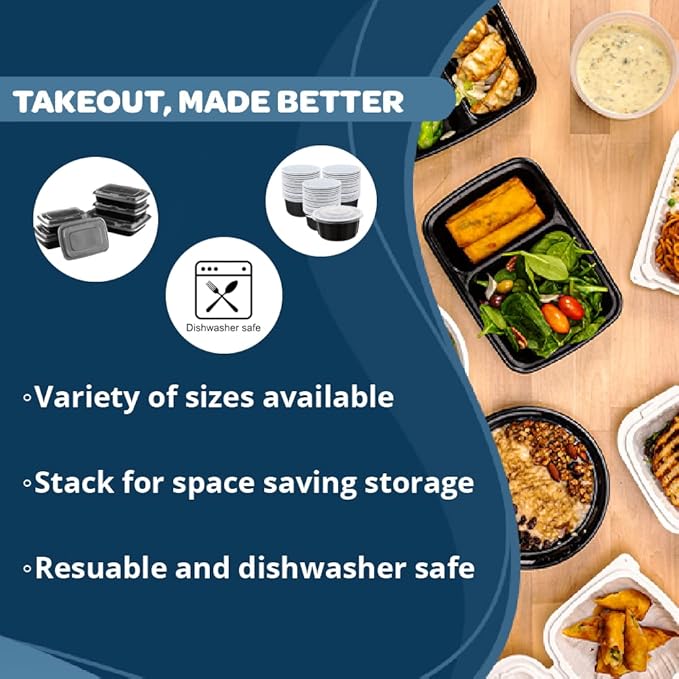 TIYA Takeout Food Containers - 38 oz Bulk 150 Pack with Lids - Rectangular Plastic To-Go Containers - Reusable, Microwavable, Dishwasher Safe - Leak-Proof for Meal Prep & Restaurants - BPA-Free