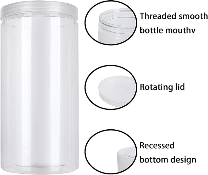 6 Pack 46oz/1360ml Large Plastic Jars with Lid, Wide Mouth Empty Clear PET Storage Containers with Lid, Tall Plastic Candy Cylinder Storage Jars for Dry Food, Peanut, Powder, Kitchen, Snacks