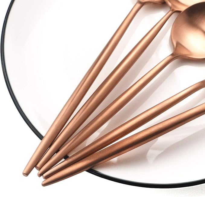 Copper Gold Flatware, Royal 20 Pieces Luxury Matte Finish 18/10 Stainless Steel Tableware Sets for 4 Including Forks Spoons Knives, Camping Silverware Travel Utensils Set Cutlery (Rose Gold)