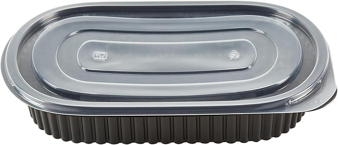 RW Base 25 Ounce Meal Prep Containers, 50 Microwavable To Go Containers With Lids - Disposable, Freezable, Black Plastic Oval Food Containers, Pack Hot And Cold Food, For Takeaway - Restaurantware
