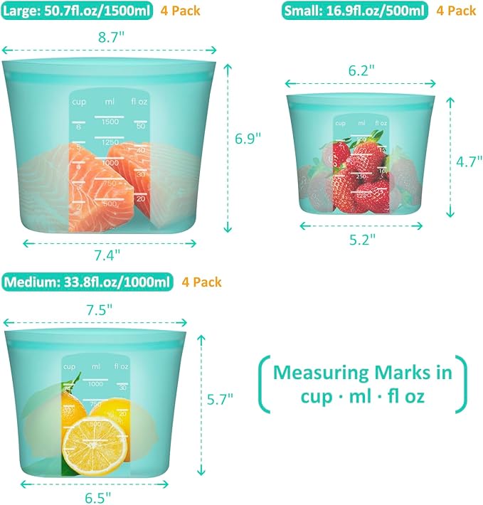Reusable Food Bags, 8 Pack 100% Silicone Food Storage Bags Stand Up Zip Lock Container, Freezer Microwave Oven Dishwasher Safe, 4 Large 2 Medium 2 Small, Aqua