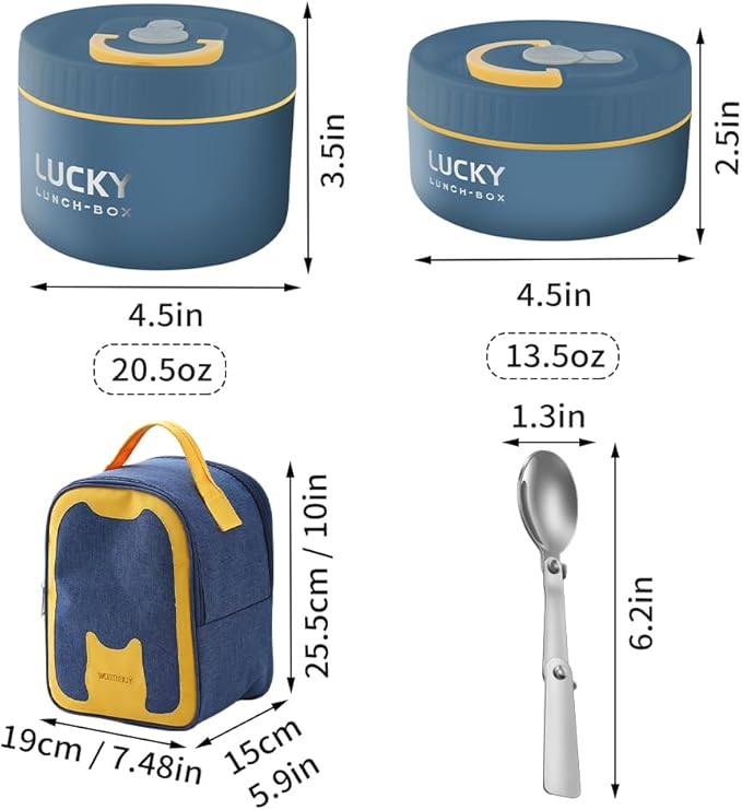 VANDHOME Thermal Bento Lunch Box Set, Portable Insulated Lunch Container For Adults Work, Stainless Steel Keep Warm Food Container With Bag, Induction Cooker & Microwave Safe (Blue 34oz)