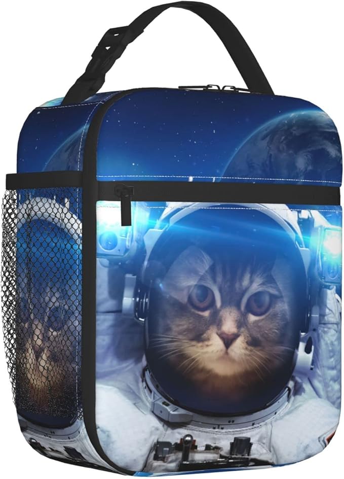 YETTA YANG Space Galaxy Cat Cool Portable Lunch Bag Insulated Lunch Box Reusable Totes For Women Men Work Picnic Camping