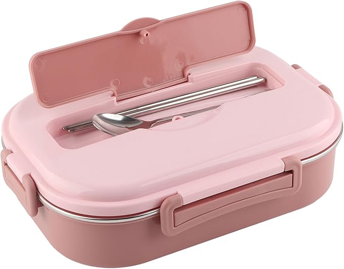 Raguso Boxs Dinnerware 4?Grid Lunch Box Stainless Steel Meal Prep Containers,for Canteens Office Family Food Storage Container (Four-compartment lunch box with soup bowl: pink)