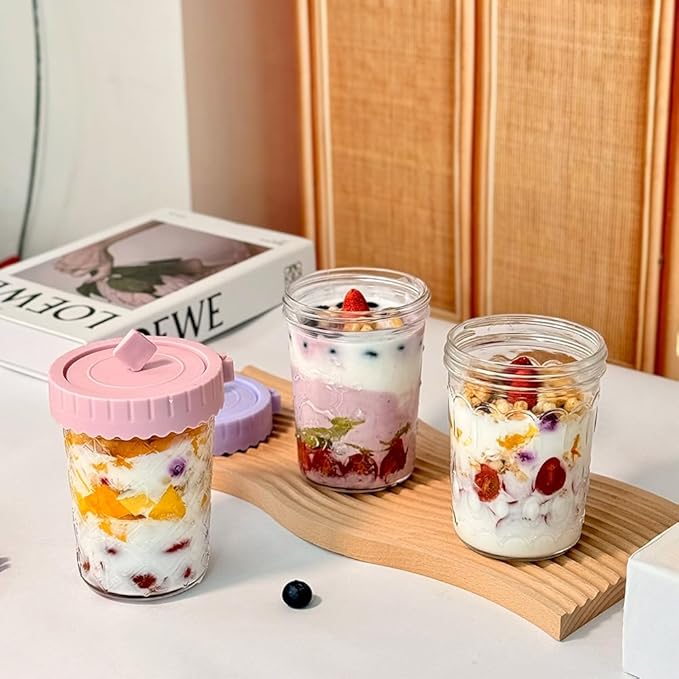 20 oz Glass Oats Containers Jars With Lids and Spoons, 4 Pack Glass Mason Overnight Oat Jars, Glass Overnight Oats Containers, for Parfait,Breakfast, Yogurt