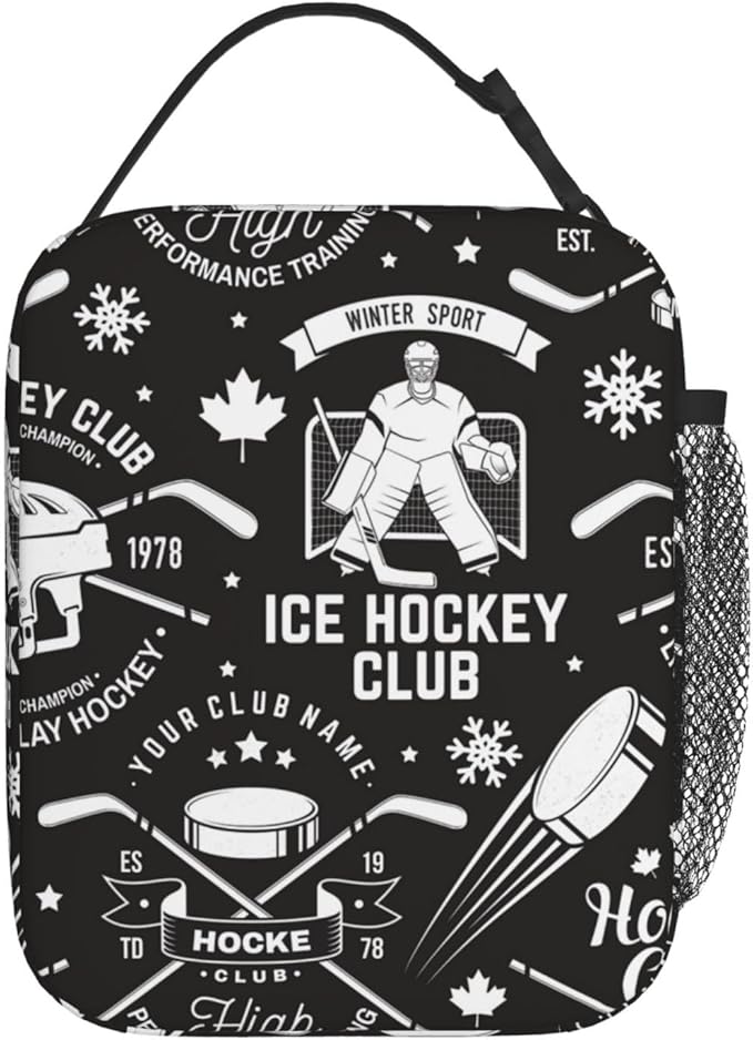 Insulated Lunch Box for Boys Kids Hockey Lunch Box for Work,Picnic,School,Travel,Hiking, Beach or Fishing Polyester Hockey Lunch Bag Ice Hockey Retro Style