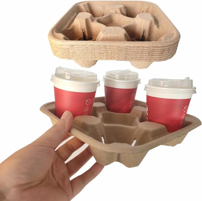 Disposable 4 Cup Drink Carrier Trays, Biodegradable Pulp Fiber Coffee Carry Tray, Compostable No Spill Drink Cup Holder for Hot Cold Beverages, Car, Food Delivery, Restaurants and Cafes Shop (36 Pack)