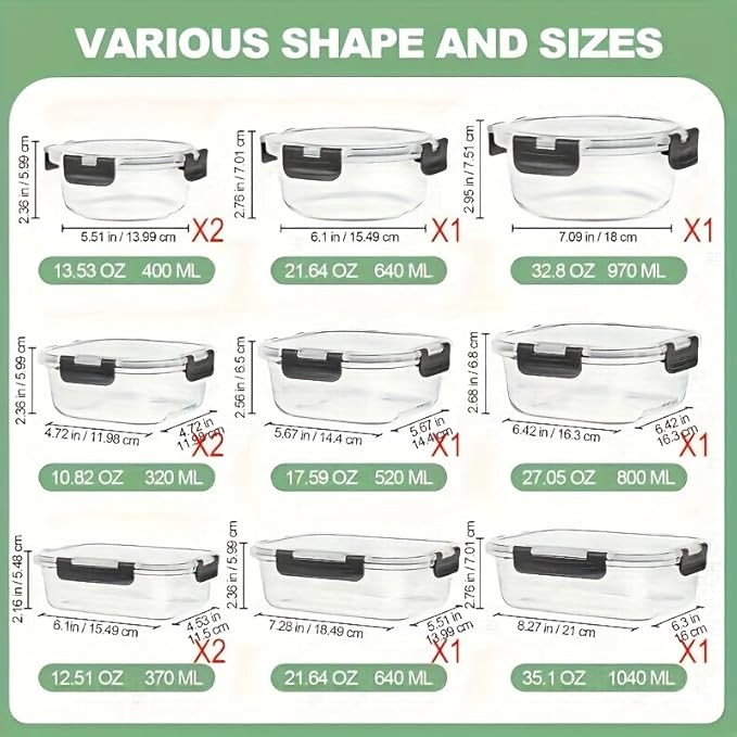 12pcs Glass Food Storage Containers with Lids, Meal Prep, Pantry Kitchen Storage Containers for Lunch, Leak Proof, Airtight Glass Lunch Bento Boxes for Microwave, Oven, Freezer And Dishwasher
