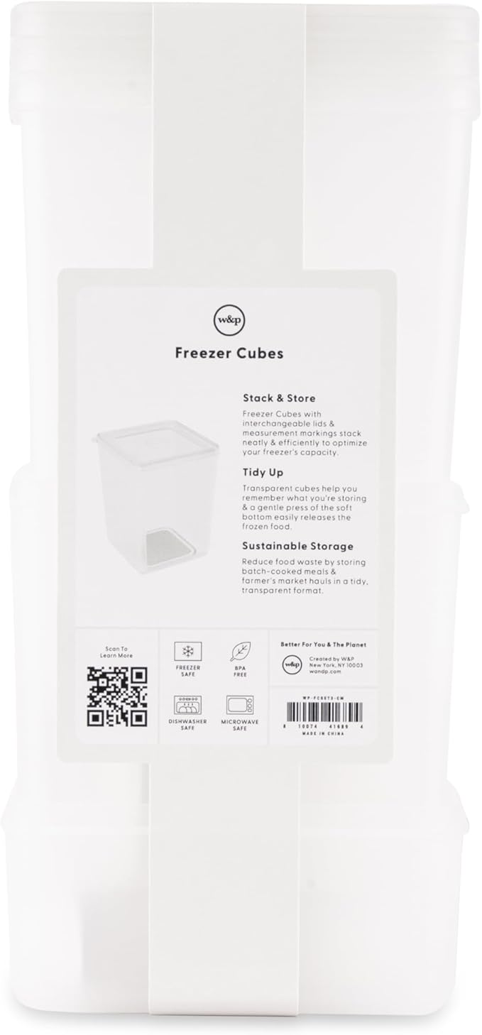 W&P Freezer Cubes- Set of 3 | Reclaim Your Freezer With Tidy Stackable Frozen Food Containers | 16oz, 40oz, 64 oz | Freezer safe, BPA Free, Dishwasher Safe, Microwave Safe (Pack of 5)