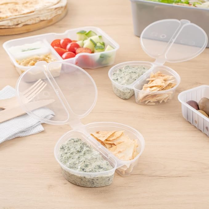 Restaurantware Futura 4 Ounce Snack Containers 100 Microwavable Sauce Containers - 2 Compartments Hinged Lid Clear Plastic Portion Cups For Condiments Or Dips