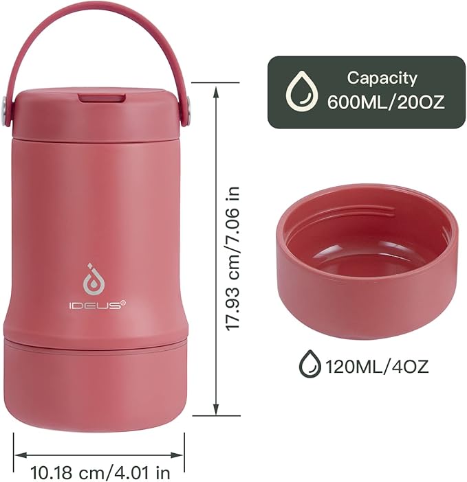 Ideus 20 oz Insulated Soup Thermo with Foldable Spolk and Bowl, All-in-one Stainless Steel Vacuum Thermal Food Jar for Lunch, Leakproof Bento Lunchbox Portable Soup Container, Red