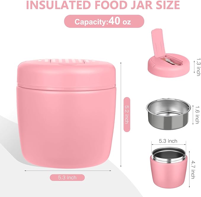 Thermo for Hot Food 32oz, Vacuum Insulated Food Jar for Adults, Stainless Steel Soup Thermo Wide Mouth Leakproof Lunch Containers with Spoon for School Office, Pink