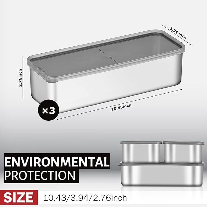 3 Pack Deepen Bacon Storage Containers for Fridge, 304 Stainless Steel Food Storage Container With Removable Drain Tray, Deli Meat Containers with Lids, Dishwasher Safe, Keeps Fruits, Vegetables Fresh