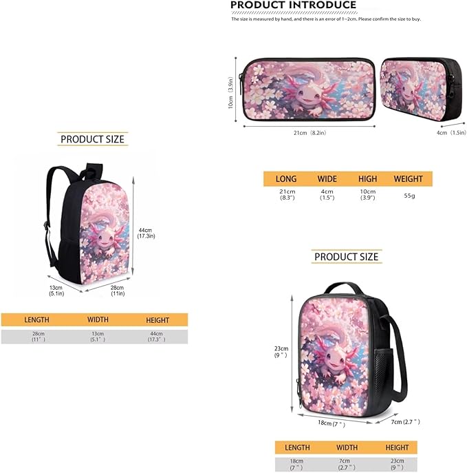 Dolyues Pink Cherry Blossom Axolotl 3-Piece Girls Backpack Set - Adorable 17-Inch School Backpack with Insulated Lunch Box and Zipper Pencil Case for Girls