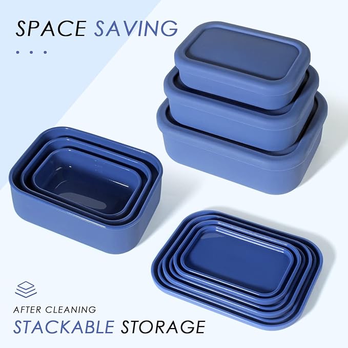 Silicone Food Storage Containers, Set of 3 Rectangular Bento Lunch Box Containers with Lids, Hard-Shell Silicone, Airtight, Microwave, Dishwasher and Freezer Safe (10oz, 23.6oz, 44oz)