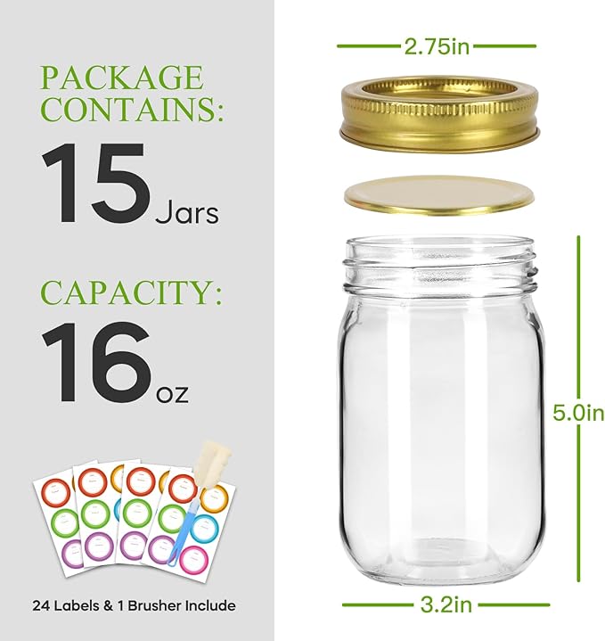 Mason Jars 16 oz with Gold Lids and Bands, 15 Pack Canning Jars, Clear Regular Mouth Glass Jars for Canning and Fermenting, Labels & Brusher Included - Microwave & Dishwasher Safe