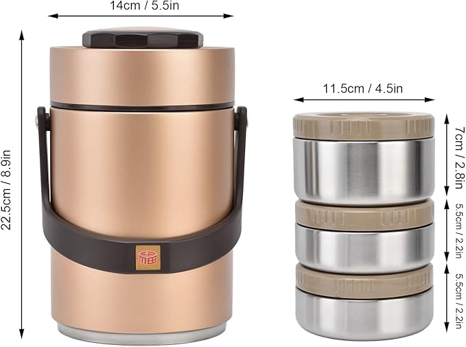 Yosoo Thermos for Hot food Wide Mouth Lunch Box, 2000ml 3-Layer Stackable Insulated Food Container Reusable Leak Proof Soup Food Jar for Warm/Cool Food Daily Office Travel Picnic Outdoor Meals(Gold)