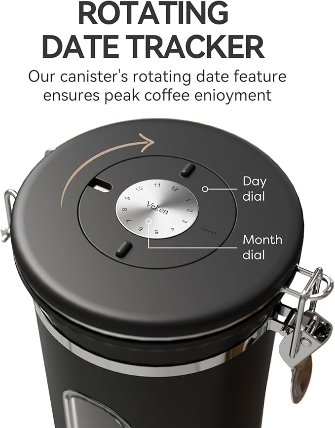 Veken Coffee Canister with Window,Coffee Bar Accessories,Airtight Stainless Steel Kitchen Food Storage Container Lover Gifts,Date Tracker and Scoop for Grounds,Beans,Tea, Sugar,Flour,Cereal,22OZ,Black