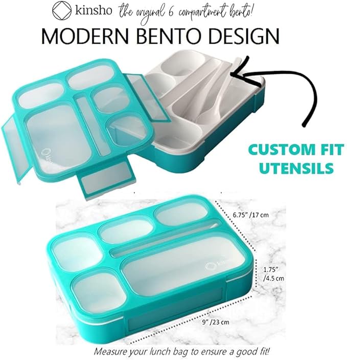 Bento-Box Lunch Bag Set with Ice Pack, Lunch Boxes Snack Containers for Kids Boys Girls Adults. 6 Compartments, Leakproof Portion Container Boxes for School Lunches Teal