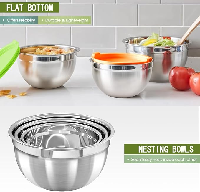 Mixing Bowls With Lids Set,Stainless Steel Mixing Bowls Set With 3 Grater,Metal Nesting Bowls For Kitchen Baking Refrigerator Meal Prep Food Organizer,7 Size(Multicolor)