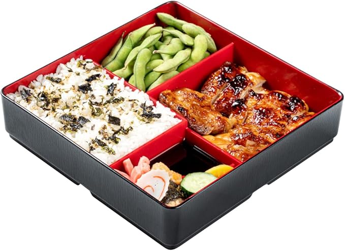 Restaurantware-8.3 x 2.2 Inch Compartment Lunch Container, 1 Japanese Style Adult Lunch Container - With 5 Compartments, Greaseproof, Black & Red Plastic Divided Lunch Box, For Hot & Cold Food