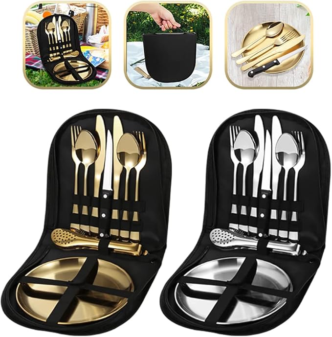 10pcs Set Of Portable Knife, Fork, Spoon, Plate, Steak Clip Set, Camping Picnic, 2 person Tableware Package, Outdoor Stainless Steel Tableware Set